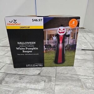 Gemmy‎ Halloween 5 ft White Pumpkin Reaper Lighted Air blown Inflatable NIB